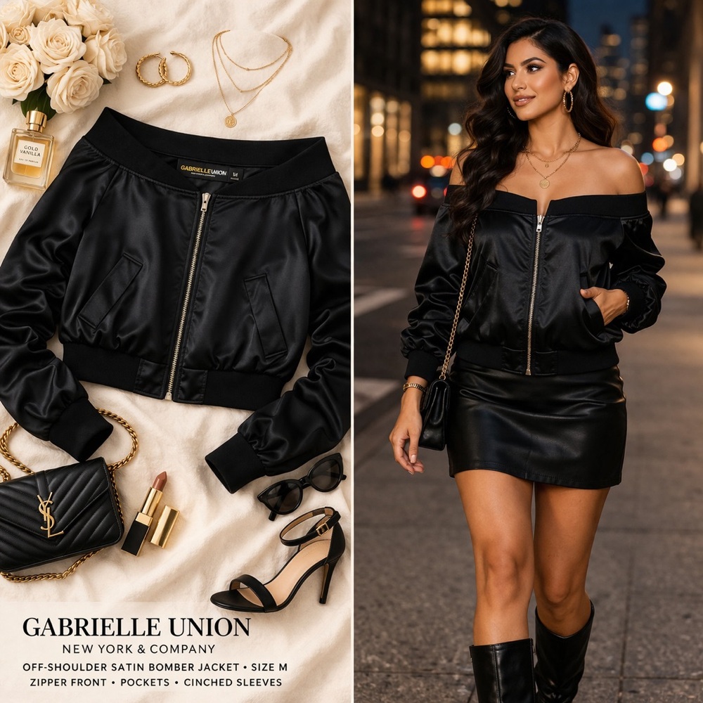 Gabrielle Union NY&C Off-Shoulder Satin Bomber Jacket Black Size M